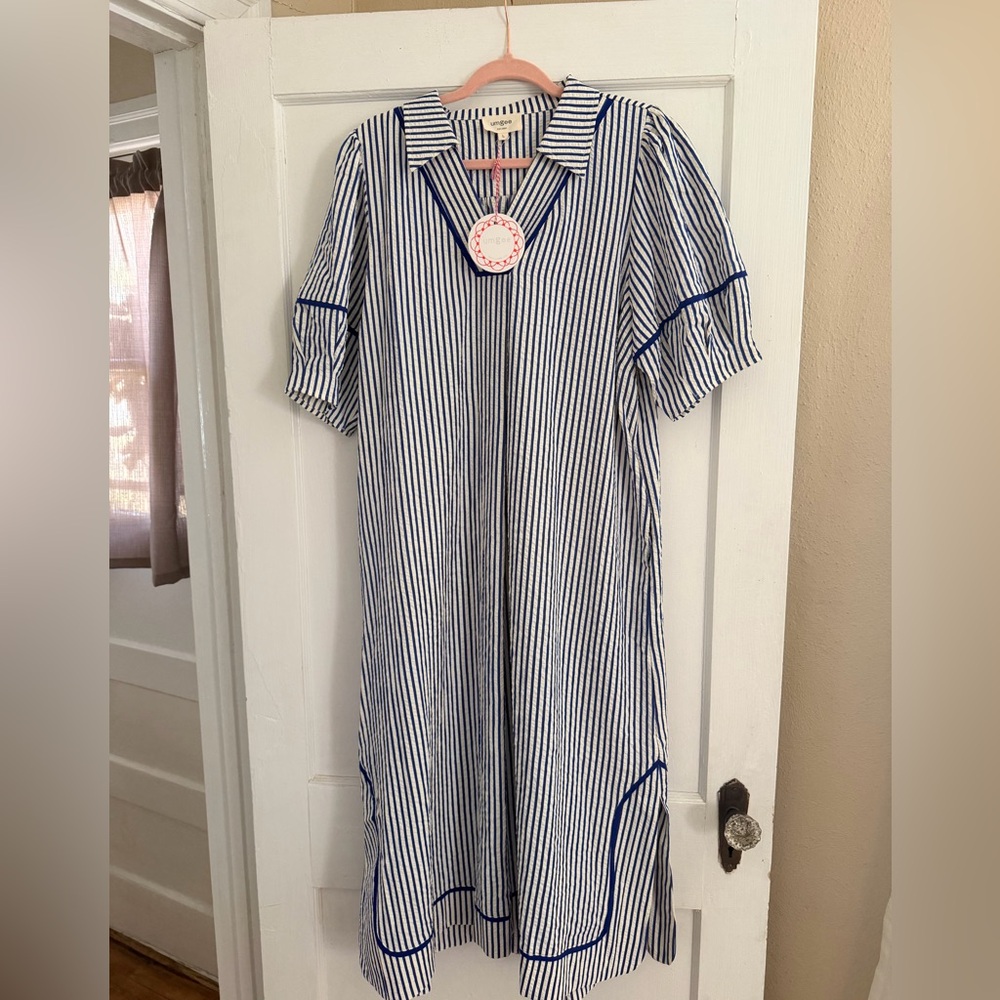 Umgee Blue and White Striped Midi Dress with Navy Trim